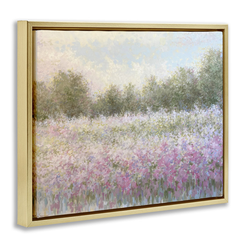 «Breath of Spring Landscape Floater», art mural par Linda Sperruche, H 25 po x l 31 po, Cadre flottant métallique doré