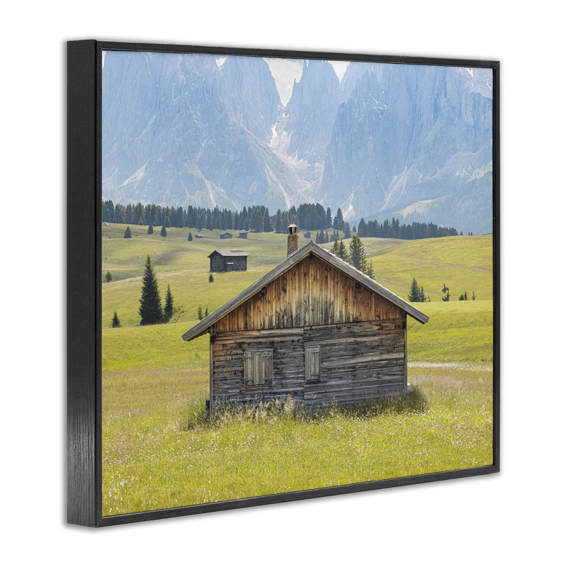 «Cabin Beneath Mountain Peaks», art giclée par Erin Marie, H 11 po x l 14 po, Giclée encadrée noir minuit