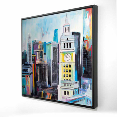 Colorful Cityscape of Manhattan - Retro Turquoise Framed Canvas