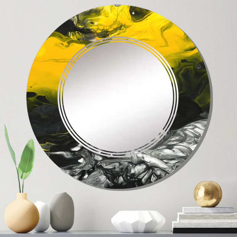 Jaune liquide noir et blanc liquide Art VIII - Miroir mural rond moderne, 24 po x 24 po