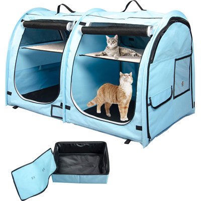 Cage / appartement pour chat portable avec double baie - facile à plier et à transporter - litière pour chiots confortable avec sac fourre-tout / deux hamacs / coussins et bac à litière pliable