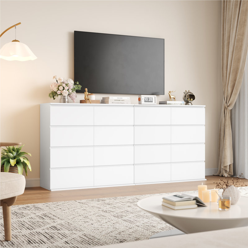 8 Drawer 41.3" W Wood Double Dresser, Modern Double Dresser, White