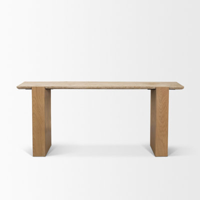 Milos Travertine Top W/ Light Brown Oak Wood Console Table