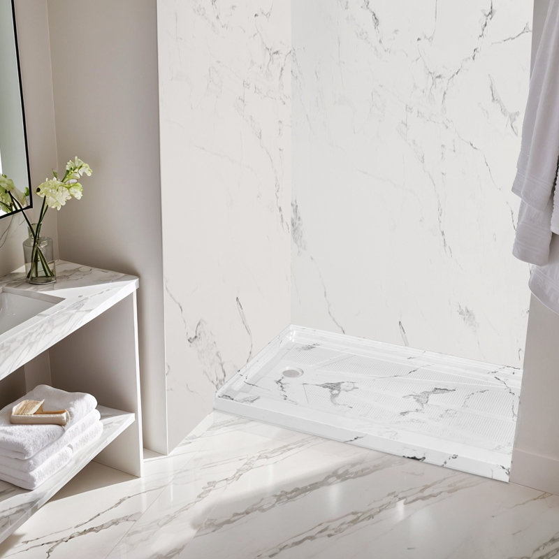 60" x 30" Single Threshold Alcove Shower Base with Left Drain, Integrated Flange and Low Profile Design, Gray, Left