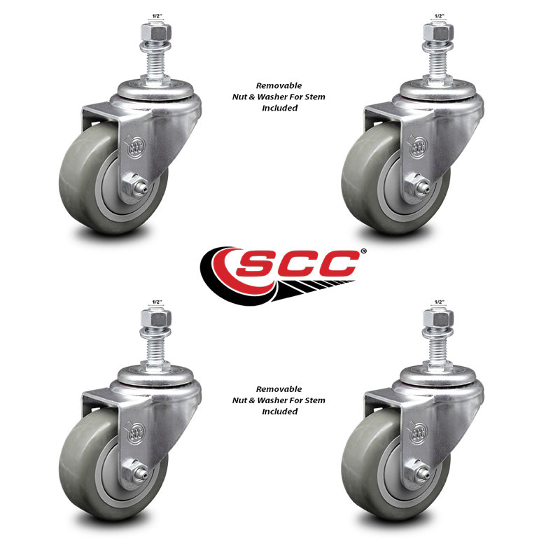Ensemble de roulettes à tige filetée 3 pouces en polyuréthane gris pivotant ½ pouce SCC