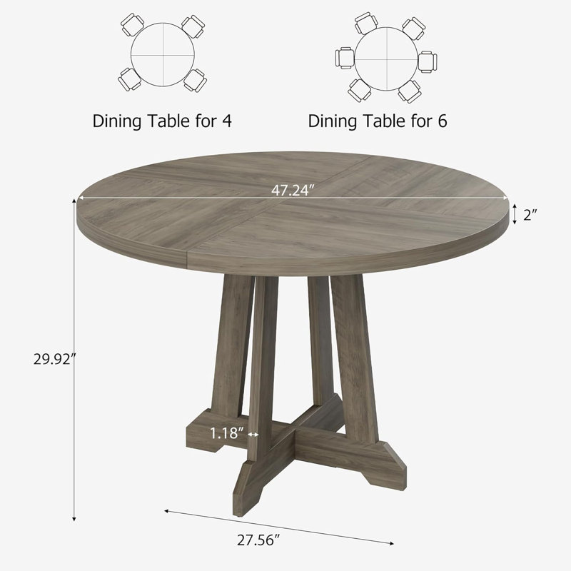 47" Round Dining Table for 4-6, Farmhouse Wooden Kitchen Table with Adjustable Legs, Gray
