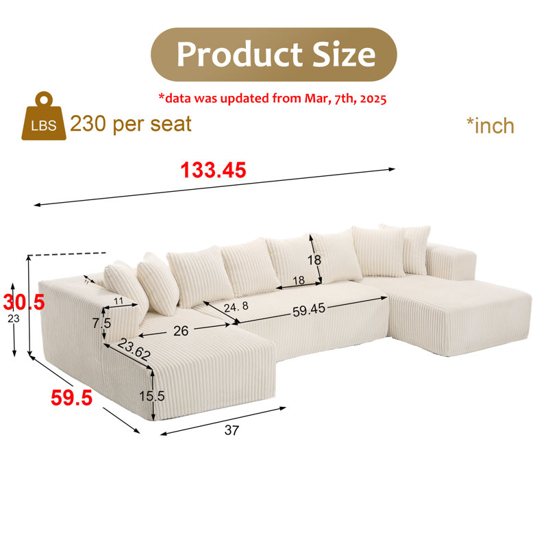 Kustas 133.45''W Corduroy U-shape Modular Low Back Vacuumed Sectional, Beige Corduroy