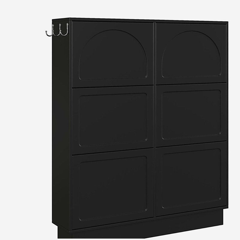 Narrow Tipping Bucket Shoe Cabinet with 6 Flip Drawers, Entryway Organizer with Adjustable Shelf, Free-Standing Shoe Rack with 3 Silvery Hooks