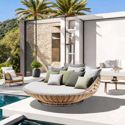 62.99'' Wide Circle Wicker Patio Daybed with Cushions
