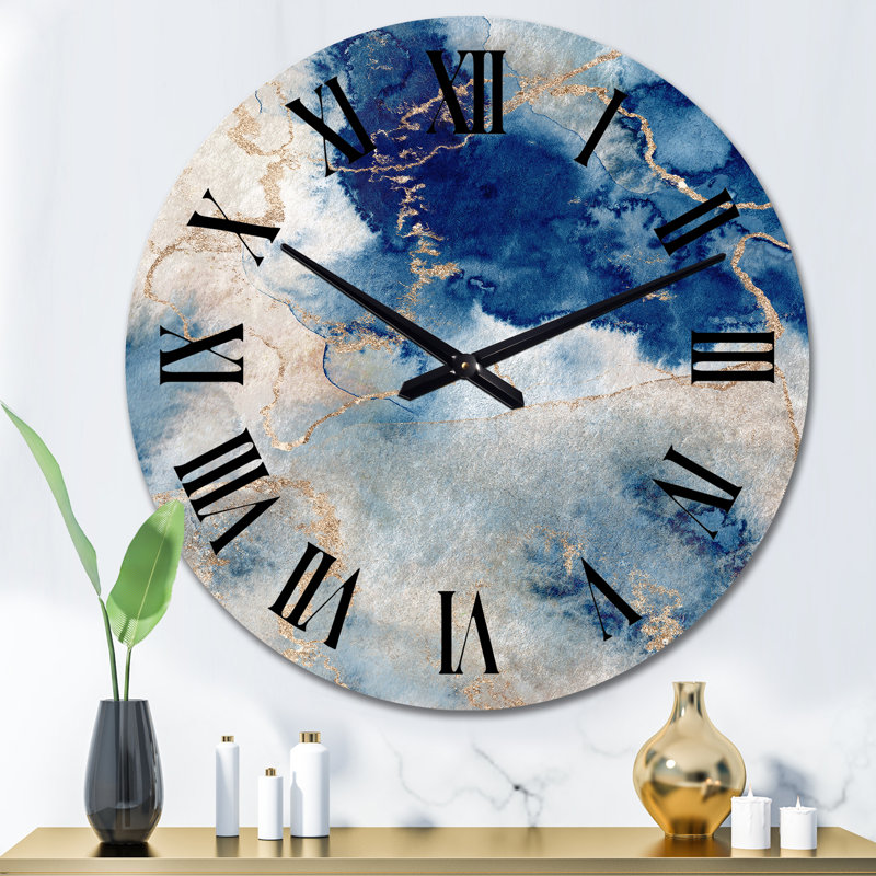 Horloge murale moderne bleu et or - nuages en marbre III, Grand