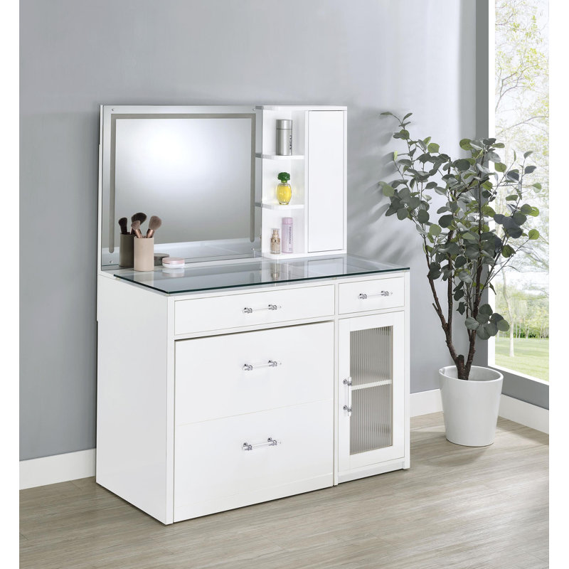 Flora 2-Drawer Vanity Set With LED Mirror High Gloss, White High Gloss