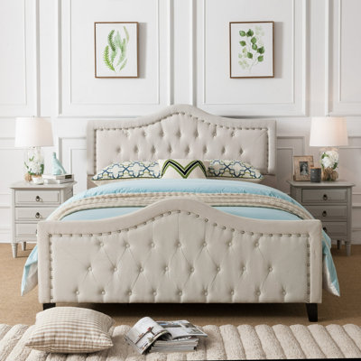 Upholstered Size Platform Bed Frame, Arched Nailhead Decor Headboard And Footboard, Button Tufted Design, No Box Spring Needed, Easy To Assemble