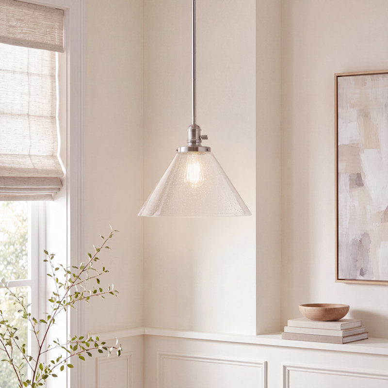 1-Light Brushed Nickel Cone Pendant with Clear Seeded Glass Shade, Nickel