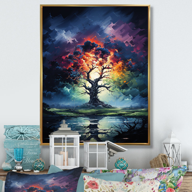 Chêne bleu, rouge, chêne, symphonie IV - impressions sur toile florales, H 32 po x l 24 po x P 1 po, Cadre flottant doré