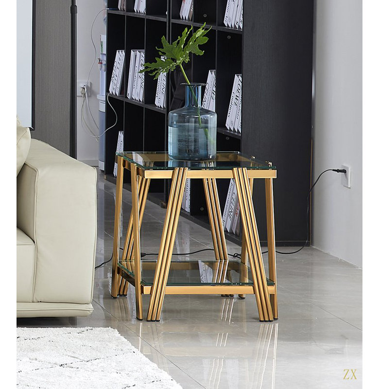 Table de bout carrée 20 pouces, table de bout moderne en acier inoxydable, table basse en verre trempé transparent double couche, table d'appoint avec rangement, pour le bureau à domicile