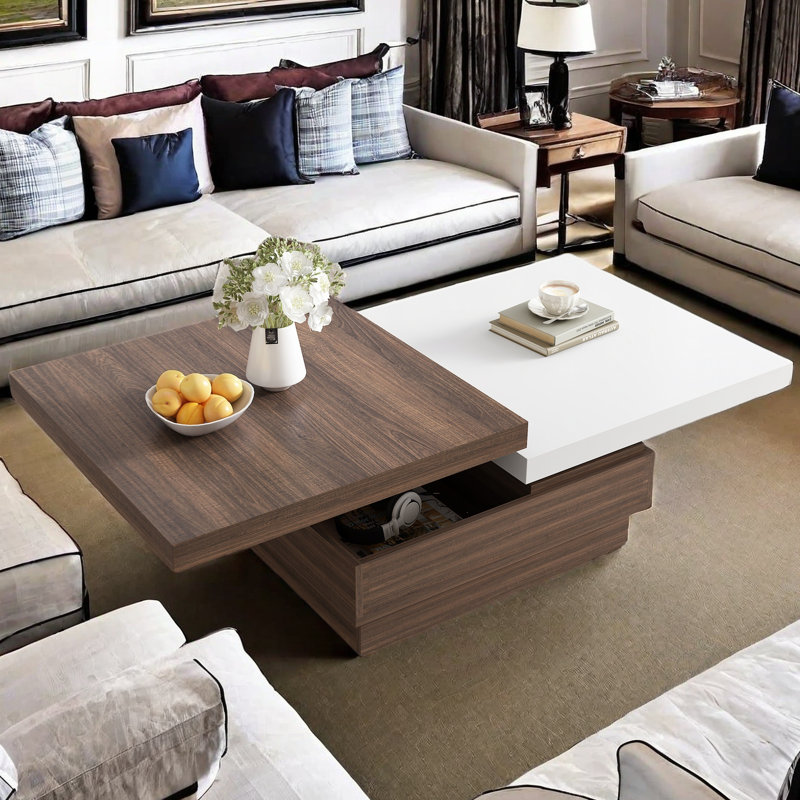 Sarisha Modern Square Coffee Table with Rotatable Top, Two Colors Matching and 1 Hidden Storage Space, White
