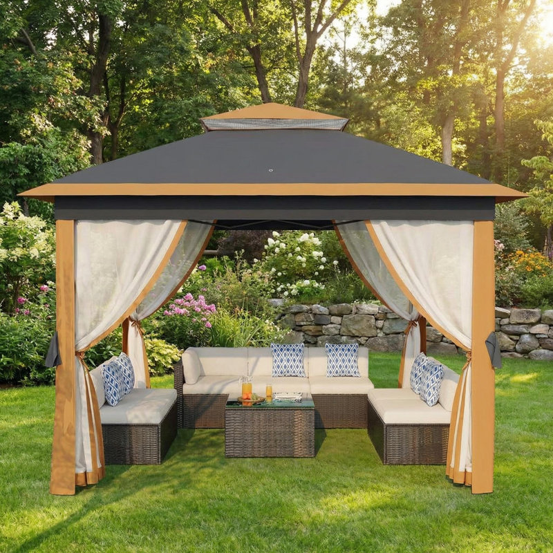 Pavillon de jardin extérieur 11 po x 11 pi avec double toit, Gris foncé