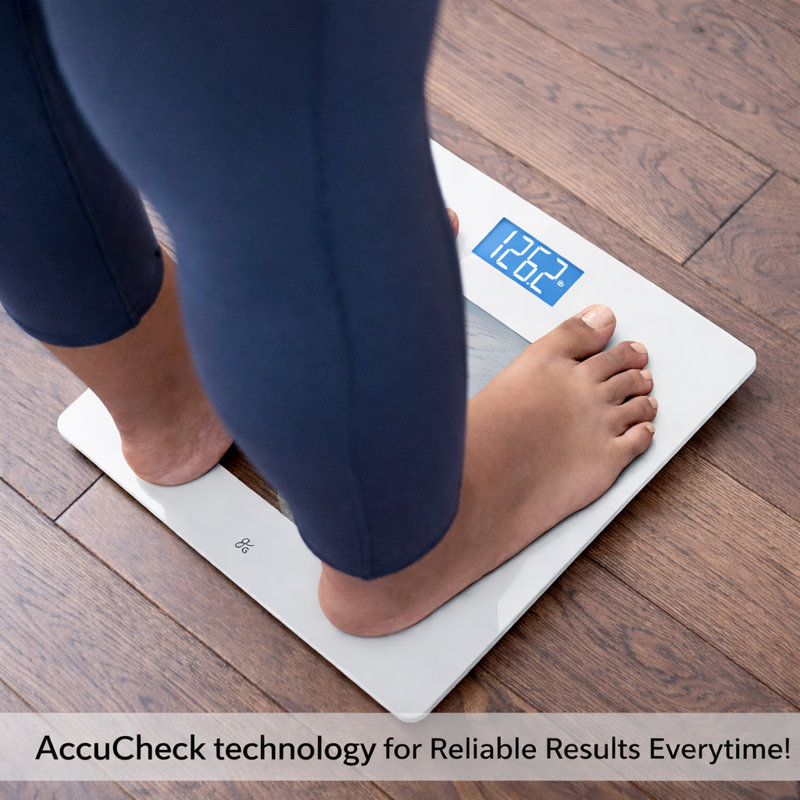 Greater Goods Slim Digital Bathroom Scale, Modern Minimalist Design, Compact Tempered Glass Body Weight Scale with Backlit LCD Display, 400 lb Capacity, White
