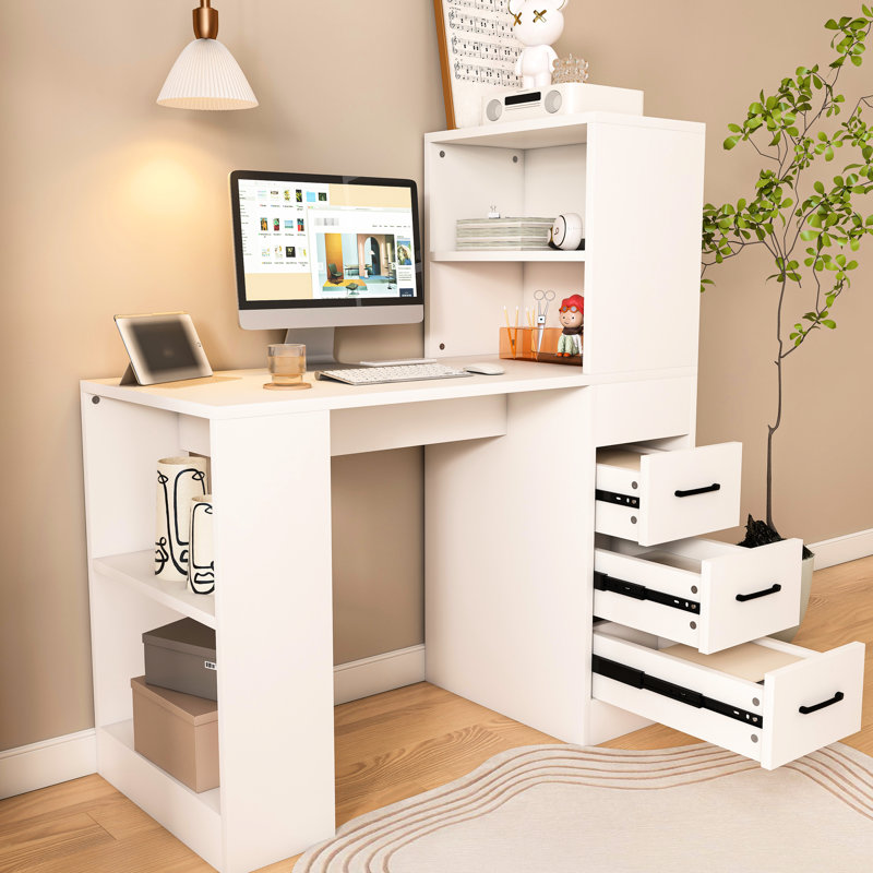 Modern White Computer Desk With 3 Drawers And Easy Surface 41 Charging Socket Ample Storage