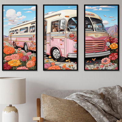 «Pink Camping Van Desert Getaway I», art mural de voyage en camping