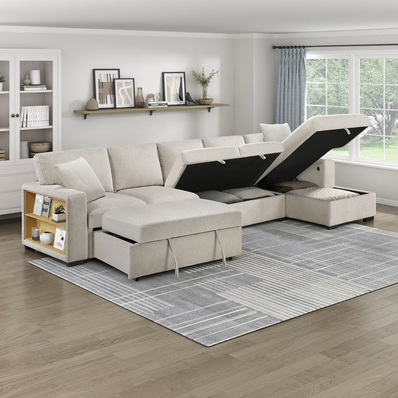 Meserve 144.5" Modern & Contemporary Boucle Sectional with Pull-out Sleeper, USB Charging Ports & Dual Hidden Storage