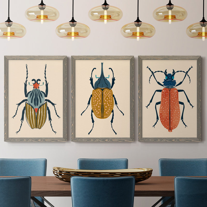 Beetle Bug I - ensemble de 3 peintures sur toile encadrées, H 43,5 po x l 31,5 po x P 1 po, Gris