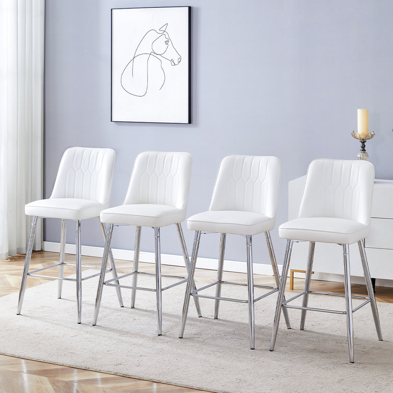 Bar Stools Set of 4,Counter Height Bar Stools with Back,Modern Faux Leather Kitchen Stools, White/Silver, 4