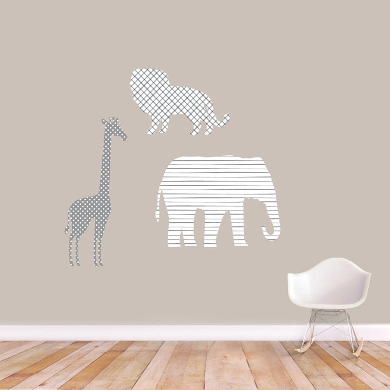 Ensemble de 3 décalcomanies murales lion giraffe éléphant, Moyen
