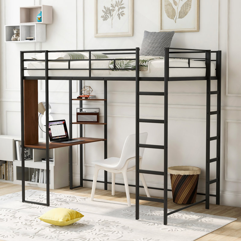 Lit mezzanine simple en métal avec 2 tablettes et un bureau, Lit simple, Noir