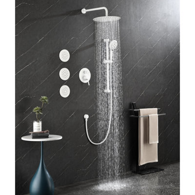 Shower System: White Brass, Head, Hand Shower, Slide Bar, Bodysprays - Wall Mounted Version Brass Style Collection