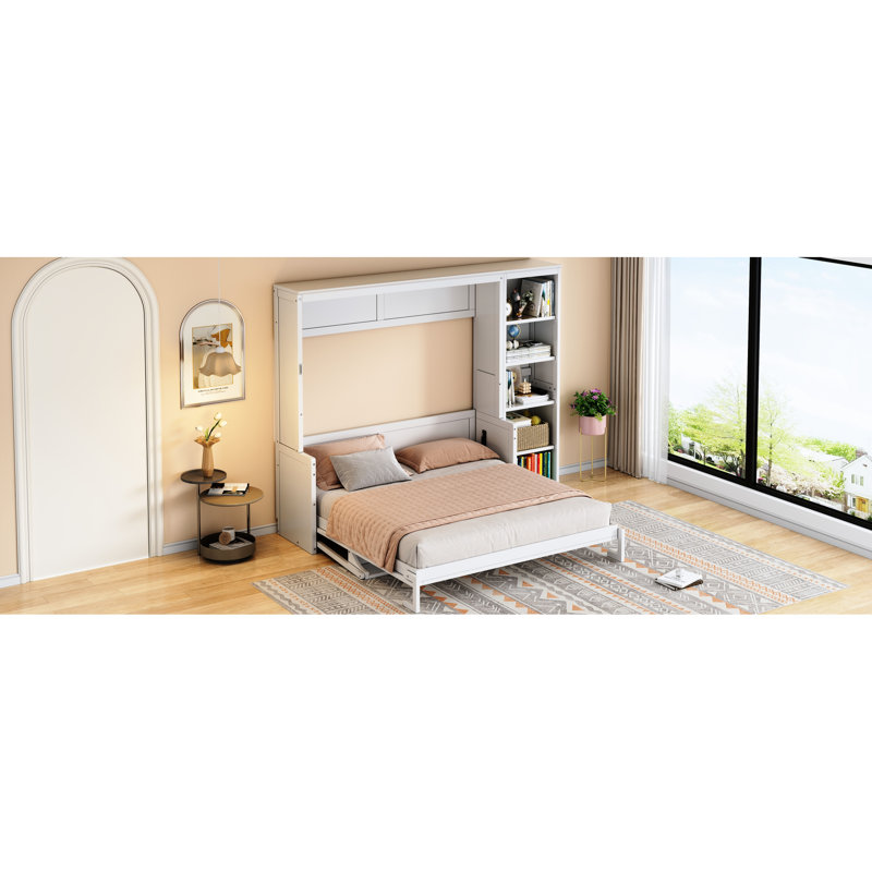 Grand lit blanc avec bureau et tablettes de rangement pour livres, bois de pin de qualité, rangement pour la vie en chalet avec rangement, espaces Loft Solution