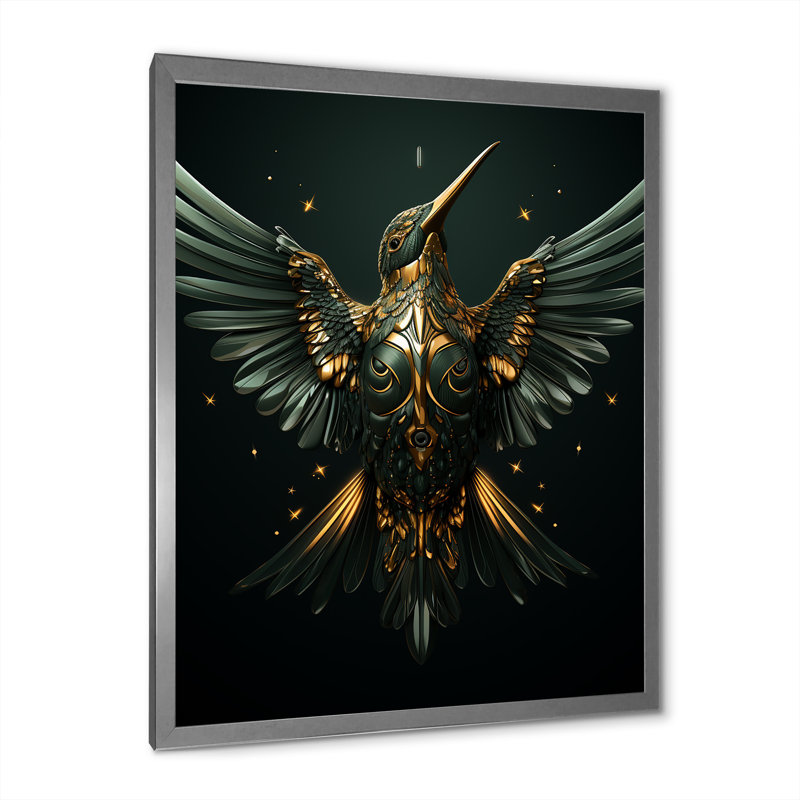 Blue Harmonious Hovering Hummingbird - Colibri, art mural animal, Cadre simple argenté, H 20 po x l 12 po x P 1 po
