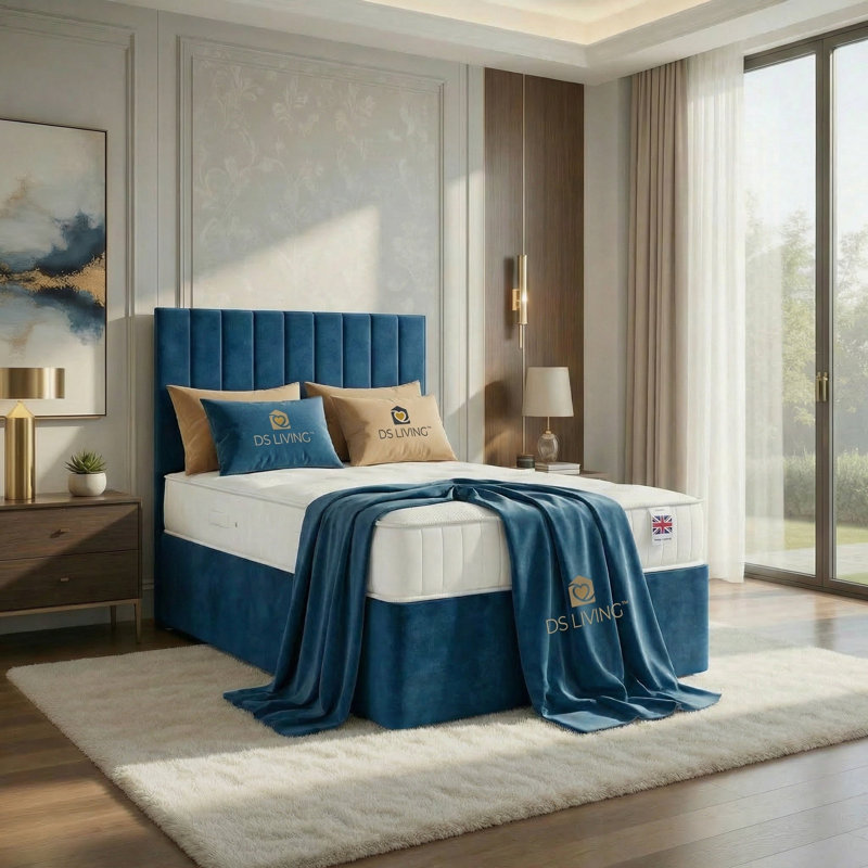 Upholstered Ottoman Bed, Blue, Double