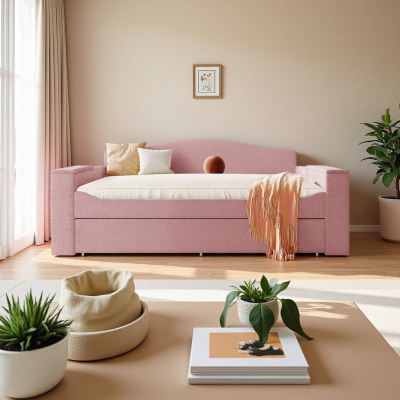Full Size Upholstered Daybed With Storage Armrests, Trundle And Latest Integrated Bluetooth Audio System, Teddy Fleece, Full