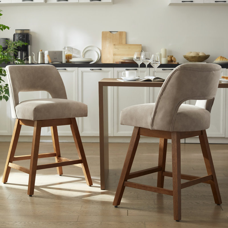 360° Swivel Bar Stools with Solid Wood Frame, Polyester Cream, Light Oak Finish