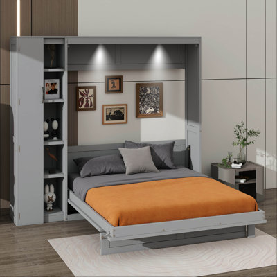 Full-Size Murphy Wall Bed Showcasing Practical Shelves,Wardrobe & Gentle LED Illumination