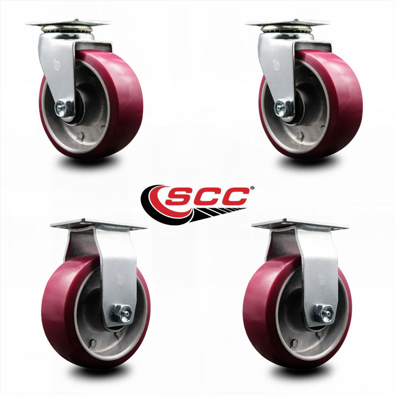 5 Inch Poly on Aluminum Caster Set with Roller Bearings 2 Swivel 2 Rigid SCC