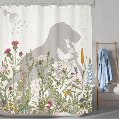 Kids Funny Dinosaur Wildflower Dino Silhouette Bathroom Shower Curtain Set, Floral Rustic Plant Boys Bathroom Curtain,Waterproof Polyester Fabric HD Print Bathroom Decor with 12 Hooks, Dinosaur