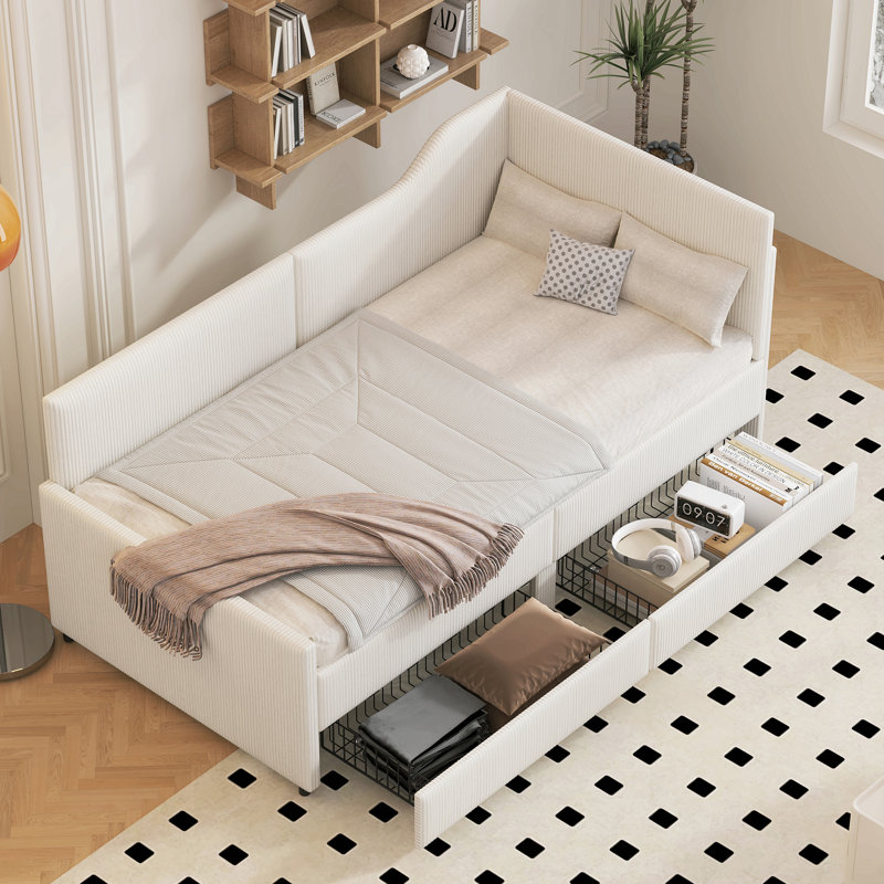 Griego Modern Corduroy Upholstered Daybed with Storage Drawers & Wooden Framw, Beige