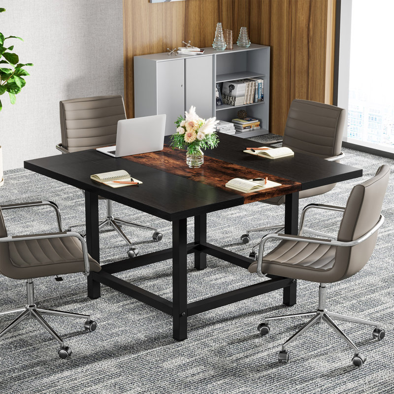 Square Conference Table, 73.7cm H x 99.1cm W x 99.1cm D, Black/Dark Oak