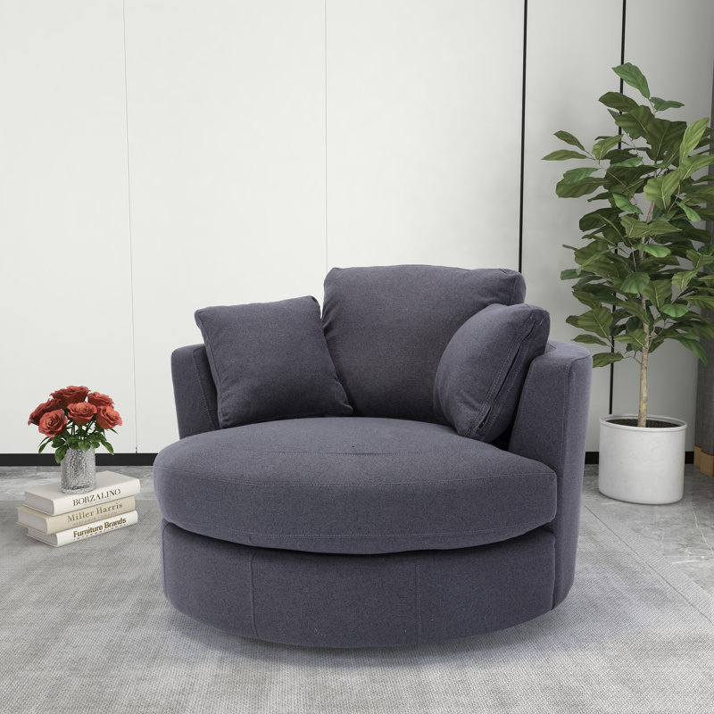 Chemaia Upholstered Swivel Barrel Chair, Charcoal Chenille