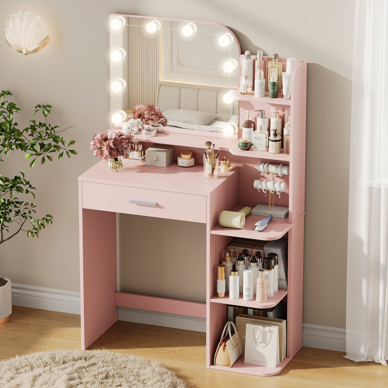Makeup Vanity With LED Lighted Mirror And 5 Open Shelves For Bedroom, Pink