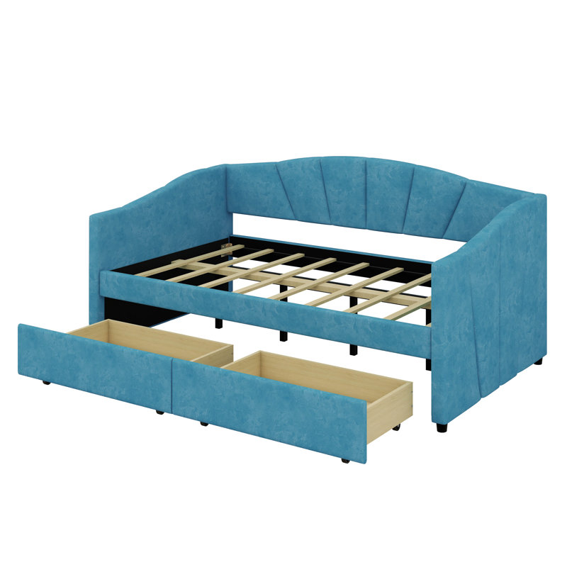 Twin Size Upholstered Daybed With Two Drawers, Sofa Bed With Wood Slat Support, No Box Spring Needed, Blue