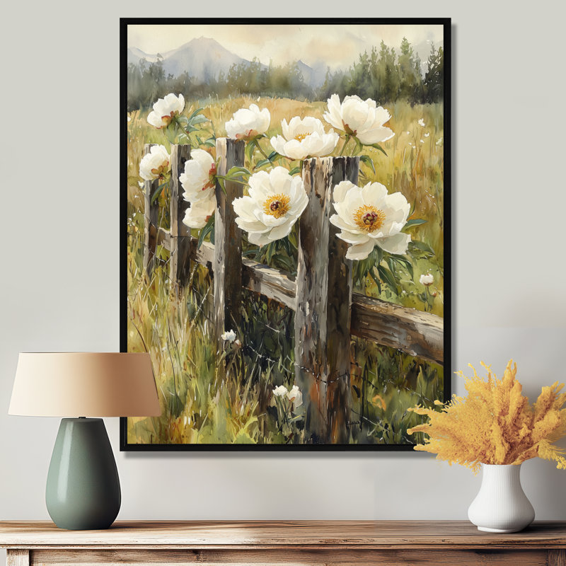 Pivoines dans la clôture pastorale I - Décoration murale pivoines, H 20 po x l 12 po, Reproduction avec cadre flottant, Noir