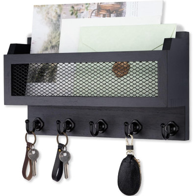 Porte-courrier et porte-clés pour décoration murale, organisateur de clés mural en bois de 11 pouces avec 5 crochets à clés, tablette de rangement murale pour le vestibule (noir)