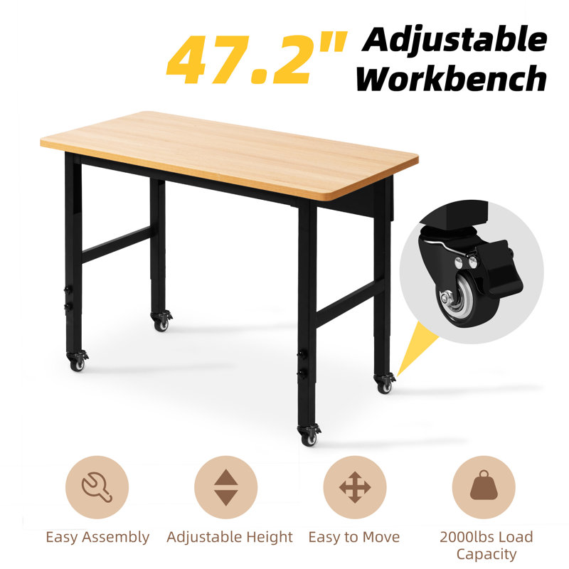 Vuyo 48" Adjustable Heavy-Duty Work Bench with Locking Universal Wheels & Metal Frame,Workshop Garage Table