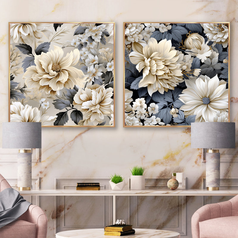 Shelbie - Ensemble de 2 collages floraux carrés, Cadre flottant doré, H 16 po x l 33 po