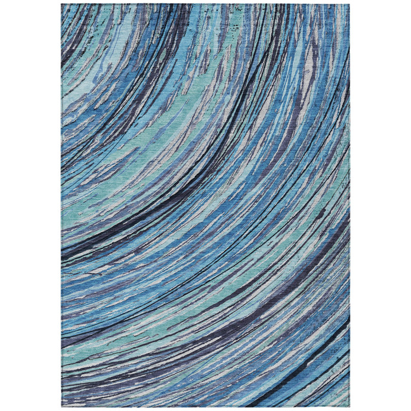 Tapis extérieur lavable abstrait bleu turquoise et ivoire 5 pi x 8 pi