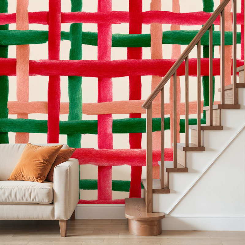 Papier peint adhésif pelez et collez à rayures écossais vert et rouge, art mural autoadhésif et amovible