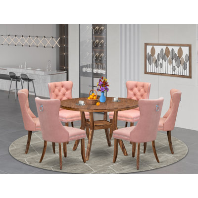 L'ensemble de table de salle à manger 7 pièces comprend une table moderne et 6 chaises Parson en tissu de polyester beige rouge avec dossier capitonné, noyer antique